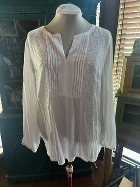 J Jill Women's White Embroidered Voile Sheer Cotton Tunic Top XL